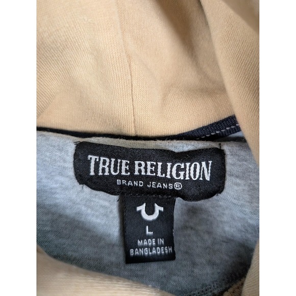 True Religion Hoodie Mens Large Beige Navy TR Logo Pullover Sweatshirt New Tags - Picture 6 of 11